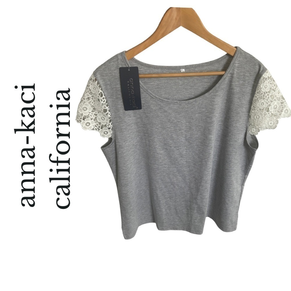 Anna-Kaci California NWT Gray Shirt with White Lace Sleeves| XL